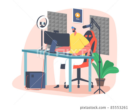 Character Wear Headset Sitting at Multiple Professional Desktops and Equipment Conduct Streaming, Gamer Playing Games Character Wear Headset Sitting at Multiple Professional Desktops and Equipment Conduct Streaming, Gamer Playing Games 85553261
