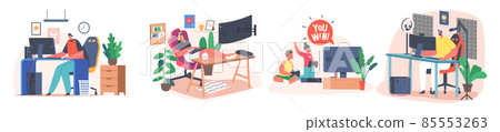 Set Teenagers and Kids Gamers Playing Computer Games, Characters Wear Headset or Vr Glasses Sitting at Pc Desktops 85553263