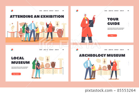Family Visiting Museum Landing Page Template Set. Parents and Kids Learn Ancient History, Watching Old Vases with Guide Family Visiting Museum Landing Page Template Set. Parents and Kids Learn Ancient History, Watching Old Vases with Guide 85553264