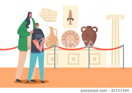 Family Characters Mother and Son Visit Museum of Ancient History Watching Old Vases, Crockery, Weapon and Architecture 85553304