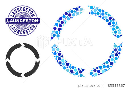 Grunge LAUNCESTON Round Guilloche Seal Stamp and Rotation Collage Icon of Round Dots 85553867