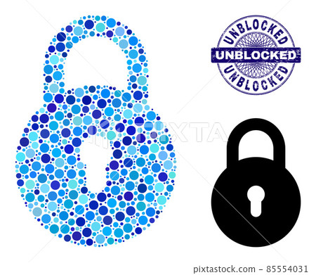 Distress UNBLOCKED Round Guilloche Seal and Locker Mosaic Icon of Round Dots 85554031