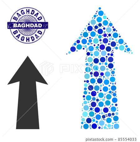 Distress BAGHDAD Round Guilloche Seal Stamp and Arrow Up Mosaic Icon of Round Dots Distress BAGHDAD Round Guilloche Seal Stamp and Arrow Up Mosaic Icon of Round Dots 85554033