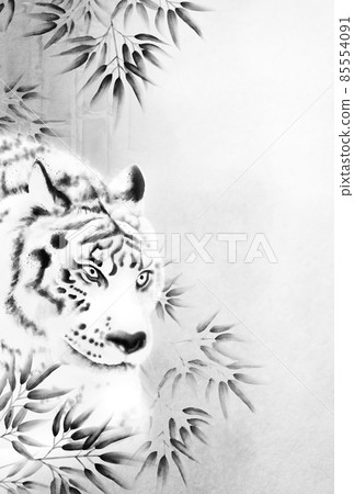 Powerful white tiger and bamboo grove ink painting style illustration Postcard ratio Ink color Vertical high resolution Other colors available 85554091