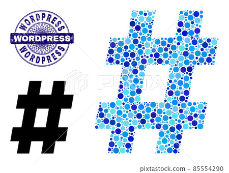 Textured WORDPRESS Round Guilloche Stamp and Hashtag Mosaic Icon of Round Dots Textured WORDPRESS Round Guilloche Stamp and Hashtag Mosaic Icon of Round Dots 85554290