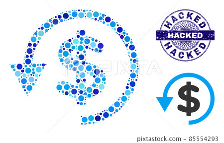 Distress HACKED Round Guilloche Seal and Chargeback Mosaic Icon of Round Dots Distress HACKED Round Guilloche Seal and Chargeback Mosaic Icon of Round Dots 85554293