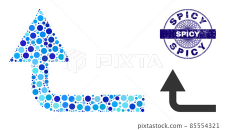 Scratched SPICY Round Guilloche Seal Stamp and Turn Forward Collage Icon of Round Dots 85554321