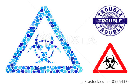 Textured TROUBLE Round Guilloche Stamp and Biohazard Warning Mosaic Icon of Round Dots Textured TROUBLE Round Guilloche Stamp and Biohazard Warning Mosaic Icon of Round Dots 85554324