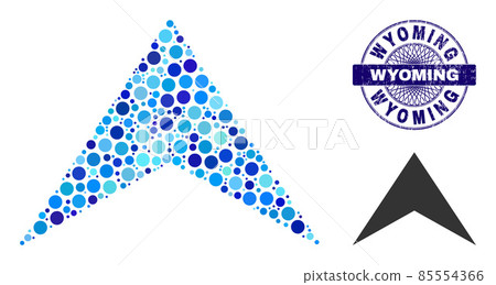 Grunge WYOMING Round Guilloche Seal and Arrowhead Up Collage Icon of Round Dots 85554366
