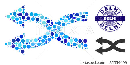 Grunge DELHI Round Guilloche Seal Stamp and Shuffle Arrows Left Mosaic Icon of Round Dots Grunge DELHI Round Guilloche Seal Stamp and Shuffle Arrows Left Mosaic Icon of Round Dots 85554499