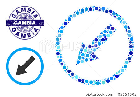 Scratched GAMBIA Round Guilloche Seal and Down-Left Rounded Arrow Collage Icon of Round Dots Scratched GAMBIA Round Guilloche Seal and Down-Left Rounded Arrow Collage Icon of Round Dots 85554502