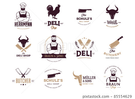 Butcher shop, gourmet, deli store logo design. Hipster butcher, knifes and cow symbols 85554629