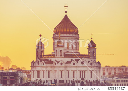 Christ the Saviour Cathedral in Moscow, golden hour view of city skyline Christ the Saviour Cathedral in Moscow, golden hour view of city skyline 85554687