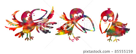Funny multicolored crows. Cheerful cartoon bird. Vector illustration Funny multicolored crows. Cheerful cartoon bird. Vector illustration 85555159