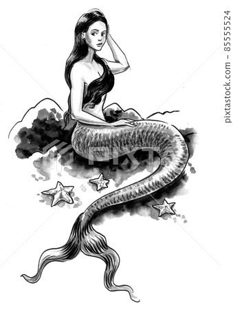 Sitting mermaid. Ink black and white drawing 85555524