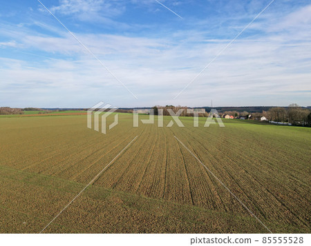 Areal view of agricultural field against cloudy sky 85555528