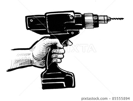 Hand holding electric drill. Ink black and white drawing 85555894