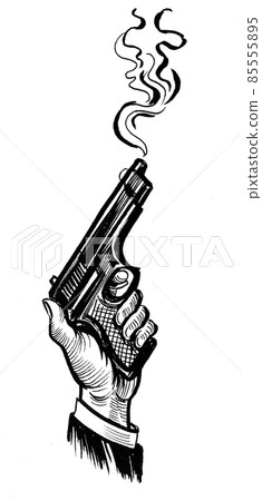 Hand with a smoking gun. ink black and white drawing 85555895