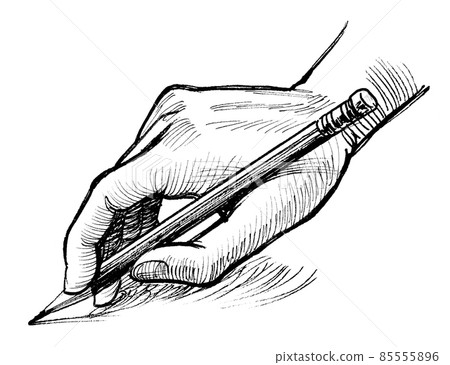 Hand with pencil. Ink black and white drawing 85555896