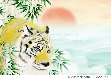 New Year's card illustration of a tiger appearing from a bamboo grove against the background of the first sunrise and the blue-green sea of clouds Horizontal postcard ratio High resolution Other colors available 85555944