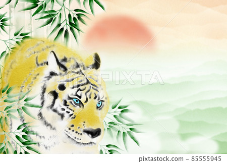 New Year's card illustration of a tiger appearing from a bamboo grove against the background of the first sunrise and the sea of clouds Horizontal postcard ratio High resolution Other colors available New Year's card illustration of a tiger appearing from a bamboo grove against the background of the first sunrise and the sea of clouds Horizontal postcard ratio High resolution Other colors available 85555945