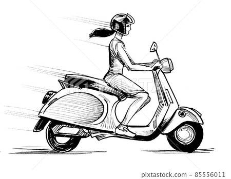 Girl riding store moped