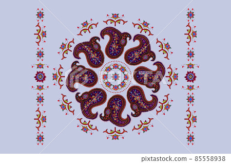 Bluish background with a round pattern of beads surrounded by paisley, decorated with flowers with leaves and buds Bluish background with a round pattern of beads surrounded by paisley, decorated with flowers with leaves and buds 85558938