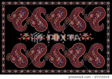 Black background with a pattern for embroidery tablecloths with oriental paisley pattern and flowers Black background with a pattern for embroidery tablecloths with oriental paisley pattern and flowers 85558939