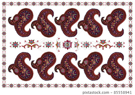 Frame for embroidery tablecloths with oriental paisley pattern and flowers on a white background 85558941