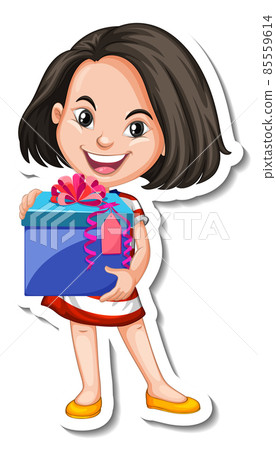 A girl holding gift box in cartoon style 85559614