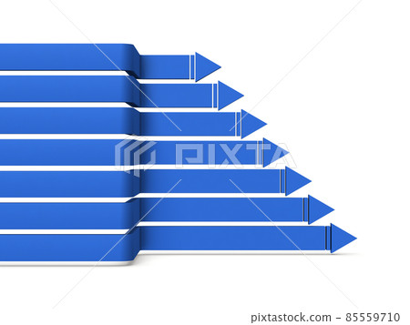 Seven arrows that continue to move forward to the right after twists and turns. A concept that represents the progress of a project. White background. 85559710