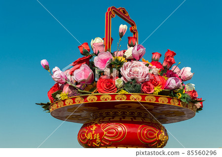 Flower display set up in Tiananmen Square to celebrate the National Day of China Flower display set up in Tiananmen Square to celebrate the National Day of China 85560296