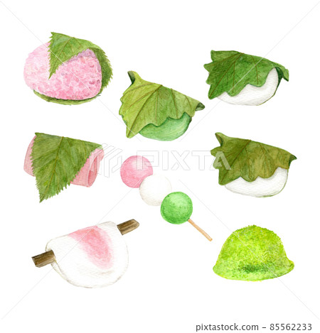 Hand-drawn watercolor illustration set of spring Japanese sweets (Sakura mochi, Domyoji, Kashiwa mochi, Hanabira mochi, Uguisu mochi, Sanshoku dango) 85562233