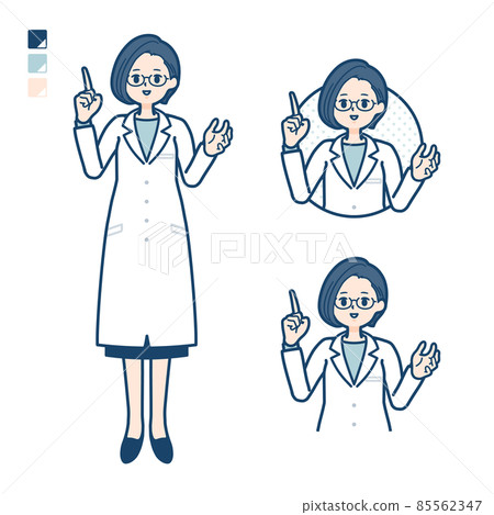 Illustration of a female doctor in a lab coat talking 85562347