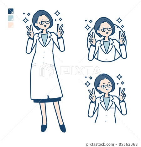 Illustration of a female doctor in a white coat doing a peace sign 85562368