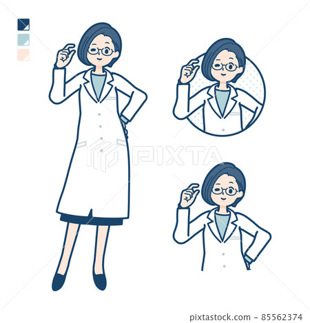 Illustration of a female doctor in a white coat doing a little hand sign 85562374