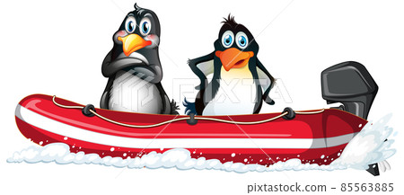 Penguins on a motor inflatable boat 85563885