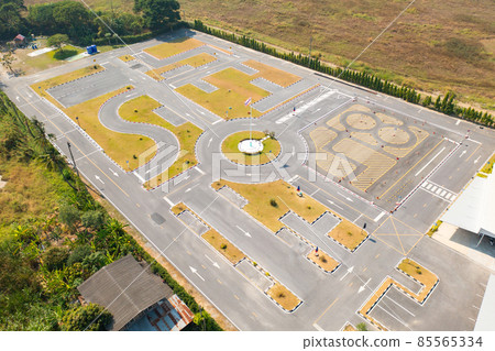 Aerial top view of a car driving test center with street road. Course field, practice vehicle school.  Map site design. 85565334