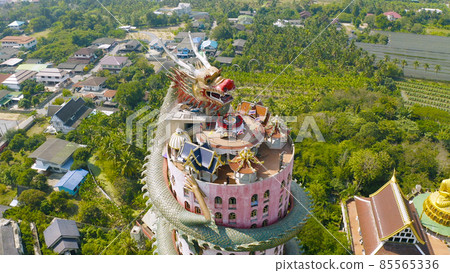Aerial view of Wat Samphran or Chinese Dragon Temple in Sam Phran District in Nakhon Pathom province near Bangkok Urban City, Thailand. Tourist attraction landmark in travel trip concept. 85565336