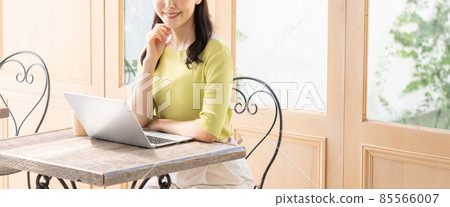 Young woman (business) working at a cafe using a computer Young woman (business) working at a cafe using a computer 85566007