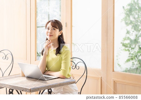 Young woman (business) working at a cafe using a computer Young woman (business) working at a cafe using a computer 85566008