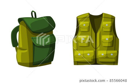 Fisherman Green Vest with Pockets and Backpack Vector Set 85566048