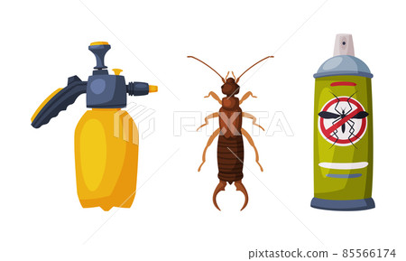 Pest Control with Chemical in Bottle and Bug Vector Set 85566174