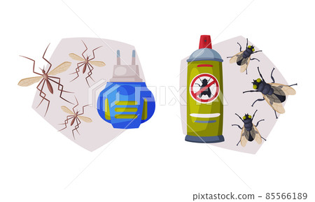 Pest Control with Chemical in Bottle and Mosquito Vector Set 85566189