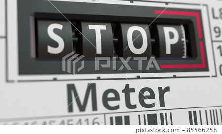 Analog counter or meter with STOP text. Conceptual 3D rendering 85566258