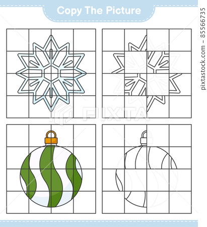 Copy the picture, copy the picture of Snowflake and Christmas Ball using grid lines. Educational children game, printable worksheet, vector illustration 85566735