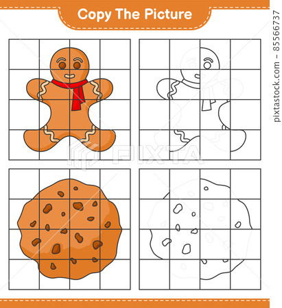 Copy the picture, copy the picture of Gingerbread Man and Cookie using grid lines. Educational children game, printable worksheet, vector illustration 85566737