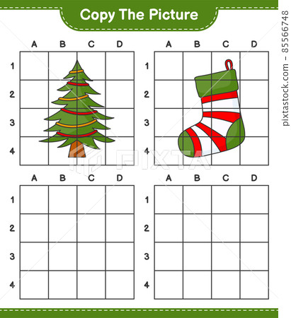 Copy the picture, copy the picture of Christmas Tree and Christmas Sock using grid lines. Educational children game, printable worksheet, vector illustration Copy the picture, copy the picture of Christmas Tree and Christmas Sock using grid lines. Educational children game, printable worksheet, vector illustration 85566748