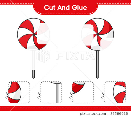 Cut and glue, cut parts of Candy and glue them. Educational children game, printable worksheet, vector illustration 85566916