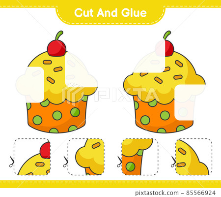 Cut and glue, cut parts of Cup Cake and glue them. Educational children game, printable worksheet, vector illustration 85566924
